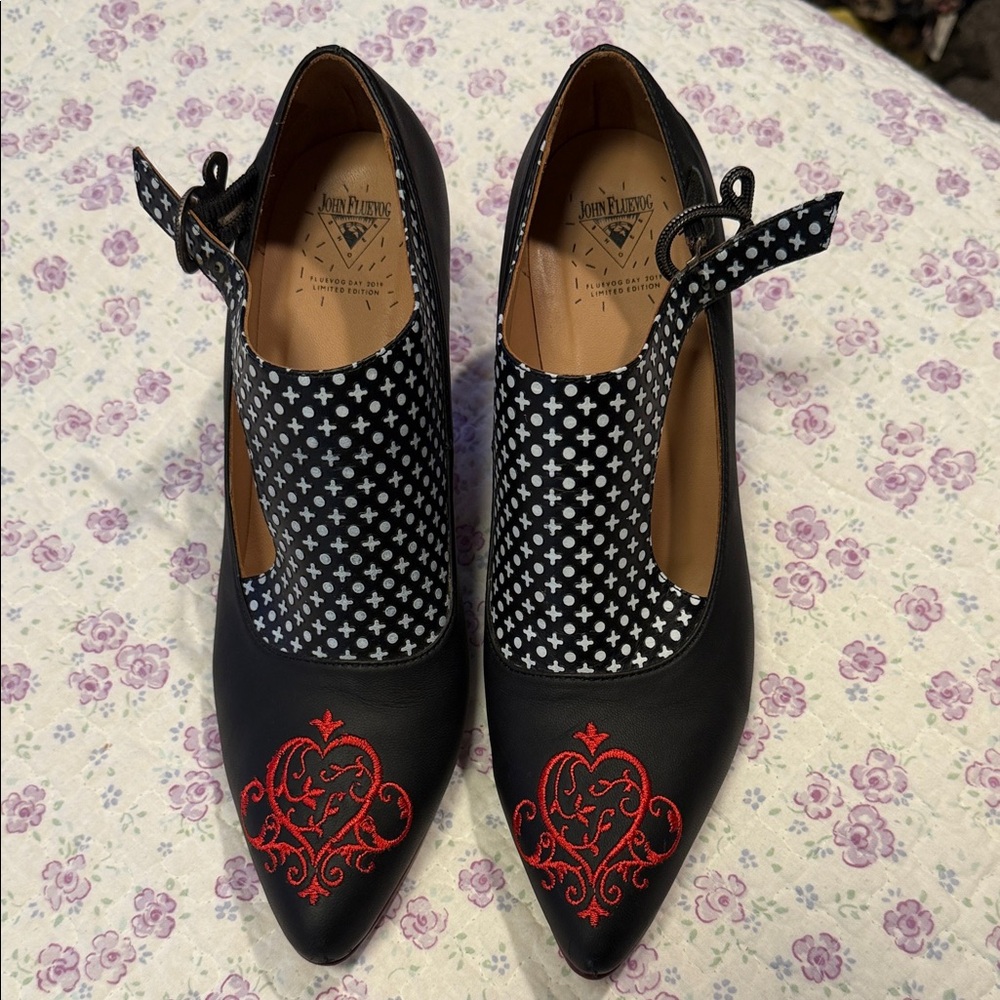 John Fluevog Black Pointed Mary Janes with Red Heart Embroidery